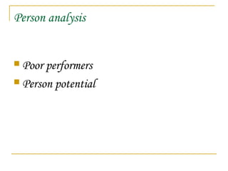 Person analysis
 Poor performers
 Person potential
 