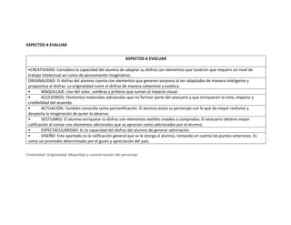 ASPECTOS A EVALUAR
ASPECTOS A EVALUAR
•CREATIVIDAD: Considera la capacidad del alumno de adaptar su disfraz con elementos que tuvieron que requerir un nivel de
trabajo intelectual así como de pensamiento imaginativo.
ORIGINALIDAD: El disfraz del alumno cuenta con elementos que generen sorpresa al ser adaptados de manera inteligente y
propositiva al disfraz. La originalidad nutre el disfraz de manera coherente y estética.
• MAQUILLAJE: Uso del color, sombras y prótesis que suman al impacto visual.
• ACCESORIOS: Elementos materiales adicionales que no forman parte del vestuario y que enriquecen la vista, impacto y
credibilidad del atuendo.
• ACTUACIÓN: También conocida como personificación. El alumno actúa su personaje con lo que da mayor realismo y
despierta la imaginación de quien lo observa.
• VESTUARIO: El alumno enriquece su disfraz con elementos textiles creados o comprados. El vestuario obtiene mayor
calificación al contar con elementos adicionales que se aprecian como adicionados por el alumno.
• ESPECTACULARIDAD: Es la capacidad del disfraz del alumno de generar admiración.
• DISEÑO: Este apartado es la calificación general que se le otorga al alumno, tomando en cuenta los puntos anteriores. Es
como un promedio determinado por el gusto y apreciación del juez.
Creatividad. Originalidad. Maquillaje y caracterización del personaje
 