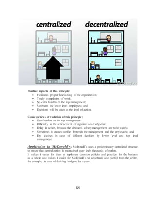 [24]
Positive impacts of this principle:
 Facilitates proper functioning of the organization;
 Timely completion of work;
 No extra burden on the top management;
 Motivates the lower level employees; and
 Decisions will be taken at the level of action.
Consequences of violation of this principle:
 Over burden on the top management;
 Difficulty in the achievement of organizational objective;
 Delay in action, because the decisions of top management are to be waited.
 Sometimes it creates conflict between the management and the employees; and
 Ego clashes in case of different decision by lower level and top level
management.
Application in McDonald’s: McDonald’s uses a predominantly centralized structure
to ensure that centralization is maintained over their thousands of outlets.
It makes it easier for them to implement common policies and practices for the business
as a whole and makes it easier for McDonald’s to coordinate and control from the centre,
for example, in case of deciding budgets for a year.
 
