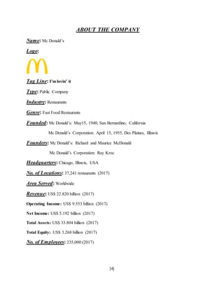 [4]
ABOUT THE COMPANY
Name: Mc Donald’s
Logo:
Tag Line: I’m lovin’ it
Type: Public Company
Industry: Restaurants
Genre: Fast Food Restaurants
Founded: Mc Donald’s: May15, 1940, San Bernardino, California
Mc Donald’s Corporation: April 15, 1955, Des Plaines, Illinois
Founders: Mc Donald’s: Richard and Maurice McDonald
Mc Donald’s Corporation: Ray Kroc
Headquarters: Chicago, Illinois, USA
No. of Locations: 37,241 restaurants (2017)
Area Served: Worldwide
Revenue: US$ 22.820 billion (2017)
Operating Income: US$ 9.553 billion (2017)
Net Income: US$ 5.192 billion (2017)
Total Assets: US$ 33.804 billion (2017)
Total Equity: US$ 3.268 billion (2017)
No. of Employees: 235,000 (2017)
 