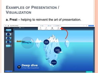 EXAMPLES OF PRESENTATION /
VISUALIZATION
a. Prezi – helping to reinvent the art of presentation.
 