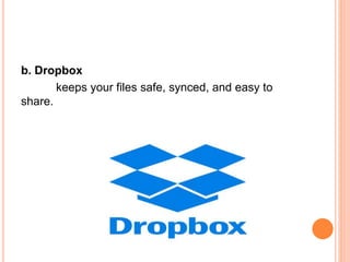 b. Dropbox
keeps your files safe, synced, and easy to
share.
 