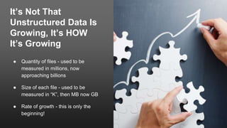 It’s Not That
Unstructured Data Is
Growing, It’s HOW
It’s Growing
● Quantity of files - used to be
measured in millions, n...
