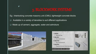 z
5. BLOCKWORK SYSTEMS
Eg : Interlocking concrete masonry unit (CMU), lightweight concrete blocks
 Available in a variety of densities to suit different applications
 Made up of cement, aggregate, water and admixture
 
