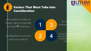z
Factors That Must Take Into
Consideration
1 3
2 4
the increase in number of
foreign migrants (especially
forming the workforce);
the dilapidated stocks that
need to be replaced
the rebuilding of damaged
buildings due to natural disasters
the demolition of illegal squatter
units and the ensuing construction
of affordable residential units to
resettle the squatters
 