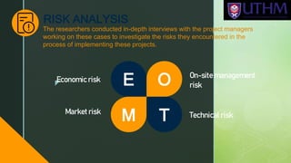 z
RISK ANALYSIS
E O
M T
Economic risk
Market risk
On-site management
risk
Technical risk
The researchers conducted in-depth interviews with the project managers
working on these cases to investigate the risks they encountered in the
process of implementing these projects.
 