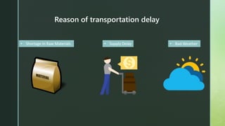 Reason of transportation delay
• Shortage In Raw Materials • Supply Delay • Bad Weather
 