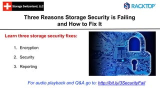 Three Reasons Storage Security is Failing
and How to Fix It
Learn three storage security fixes:
1. Encryption
2. Security
3. Reporting
For audio playback and Q&A go to: http://bit.ly/3SecurityFail
 