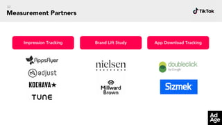 32
Measurement Partners
App Download Tracking
Brand Lift Study
Impression Tracking
 