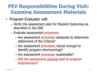 PEV Responsibilities During Visit:
Examine Assessment Materials
• Program Evaluator will:
– Verify the assessment plan for Student Outcomes as
described in the SSR
– Evaluate assessment processes:
• Are assessment processes adequate to determine
attainment of the Criteria?
• Are assessment processes robust enough to
identify program shortcomings?
• Are assessment processes sustainable?
• Will the assessment process lead to program
improvement?
373/29/2016
 