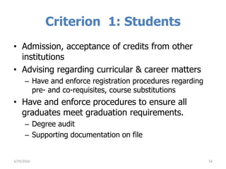 Criterion 1: Students
• Admission, acceptance of credits from other
institutions
• Advising regarding curricular & career matters
– Have and enforce registration procedures regarding
pre- and co-requisites, course substitutions
• Have and enforce procedures to ensure all
graduates meet graduation requirements.
– Degree audit
– Supporting documentation on file
3/29/2016 54
 