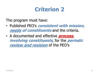 Criterion 2
The program must have:
• Published PEO’s consistent with mission,
needs of constituents and the criteria.
• A documented and effective process,
involving constituents, for the periodic
review and revision of the PEO’s
553/29/2016
 