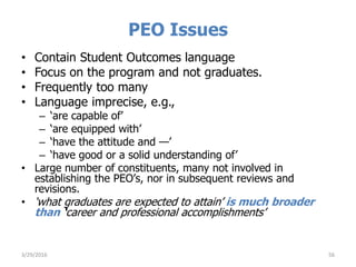 PEO Issues
• Contain Student Outcomes language
• Focus on the program and not graduates.
• Frequently too many
• Language imprecise, e.g.,
– ‘are capable of’
– ‘are equipped with’
– ‘have the attitude and —’
– ‘have good or a solid understanding of’
• Large number of constituents, many not involved in
establishing the PEO’s, nor in subsequent reviews and
revisions.
• ‘what graduates are expected to attain’ is much broader
than ‘career and professional accomplishments’
563/29/2016
 