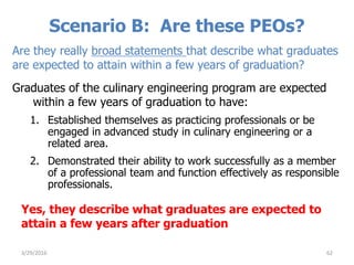 Scenario B: Are these PEOs?
Are they really broad statements that describe what graduates
are expected to attain within a few years of graduation?
Graduates of the culinary engineering program are expected
within a few years of graduation to have:
1. Established themselves as practicing professionals or be
engaged in advanced study in culinary engineering or a
related area.
2. Demonstrated their ability to work successfully as a member
of a professional team and function effectively as responsible
professionals.
623/29/2016
Yes, they describe what graduates are expected to
attain a few years after graduation
 