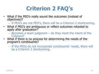 Criterion 2 FAQ’s
• What if the PEO’s really sound like outcomes (instead of
objectives)?
– If PEO’s are not PEO’s, there will be a Criterion 2 shortcoming.
• What if PEO’s are ambiguous or reflect outcomes retooled to
apply after graduation?
– Becomes a team judgment – do they meet the intent of the
Criterion?
• What if there is no process for determining the needs of the
program’s constituents?
– If the PEOs do not incorporate constituents’ needs, there will
be a Criterion 2 shortcoming.
633/29/2016
 