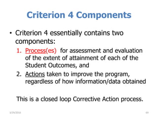 Criterion 4 Components
• Criterion 4 essentially contains two
components:
1. Process(es) for assessment and evaluation
of the extent of attainment of each of the
Student Outcomes, and
2. Actions taken to improve the program,
regardless of how information/data obtained
This is a closed loop Corrective Action process.
3/29/2016 69
 