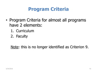 Program Criteria
• Program Criteria for almost all programs
have 2 elements:
1. Curriculum
2. Faculty
Note: this is no longer identified as Criterion 9.
913/29/2016
 