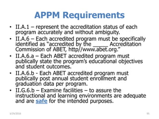 APPM Requirements
• II.A.1 – represent the accreditation status of each
program accurately and without ambiguity.
• II.A.6 – Each accredited program must be specifically
identified as “accredited by the _____ Accreditation
Commission of ABET, http//www.abet.org.”
• II.A.6.a – Each ABET accredited program must
publically state the program’s educational objectives
and student outcomes.
• II.A.6.b - Each ABET accredited program must
publically post annual student enrollment and
graduation data per program.
• II.G.6.b – Examine facilities – to assure the
instructional and learning environments are adequate
and are safe for the intended purposes.
3/29/2016 95
 