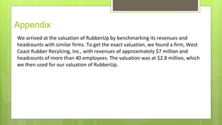 Appendix
We arrived at the valuation of RubberUp by benchmarking its revenues and
headcounts with similar firms. To get the exact valuation, we found a firm, West
Coast Rubber Recylcing, Inc., with revenues of approximately $7 million and
headcounts of more than 40 employees. The valuation was at $2.8 million, which
we then used for our valuation of RubberUp.
 