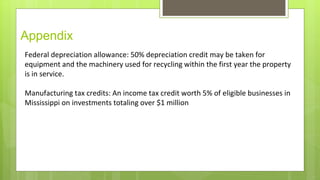 Appendix
Federal depreciation allowance: 50% depreciation credit may be taken for
equipment and the machinery used for recycling within the first year the property
is in service.
Manufacturing tax credits: An income tax credit worth 5% of eligible businesses in
Mississippi on investments totaling over $1 million
 
