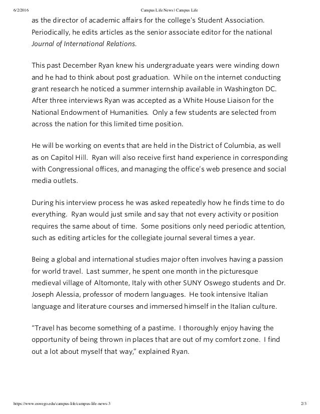 Ryan Peters Campus Life Article