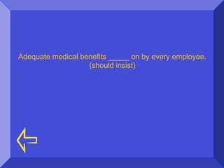 Adequate medical benefits _____ on by every employee.
                   (should insist)
 