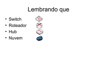 Lembrando que 
• Switch 
• Roteador 
• Hub 
• Nuvem 
 