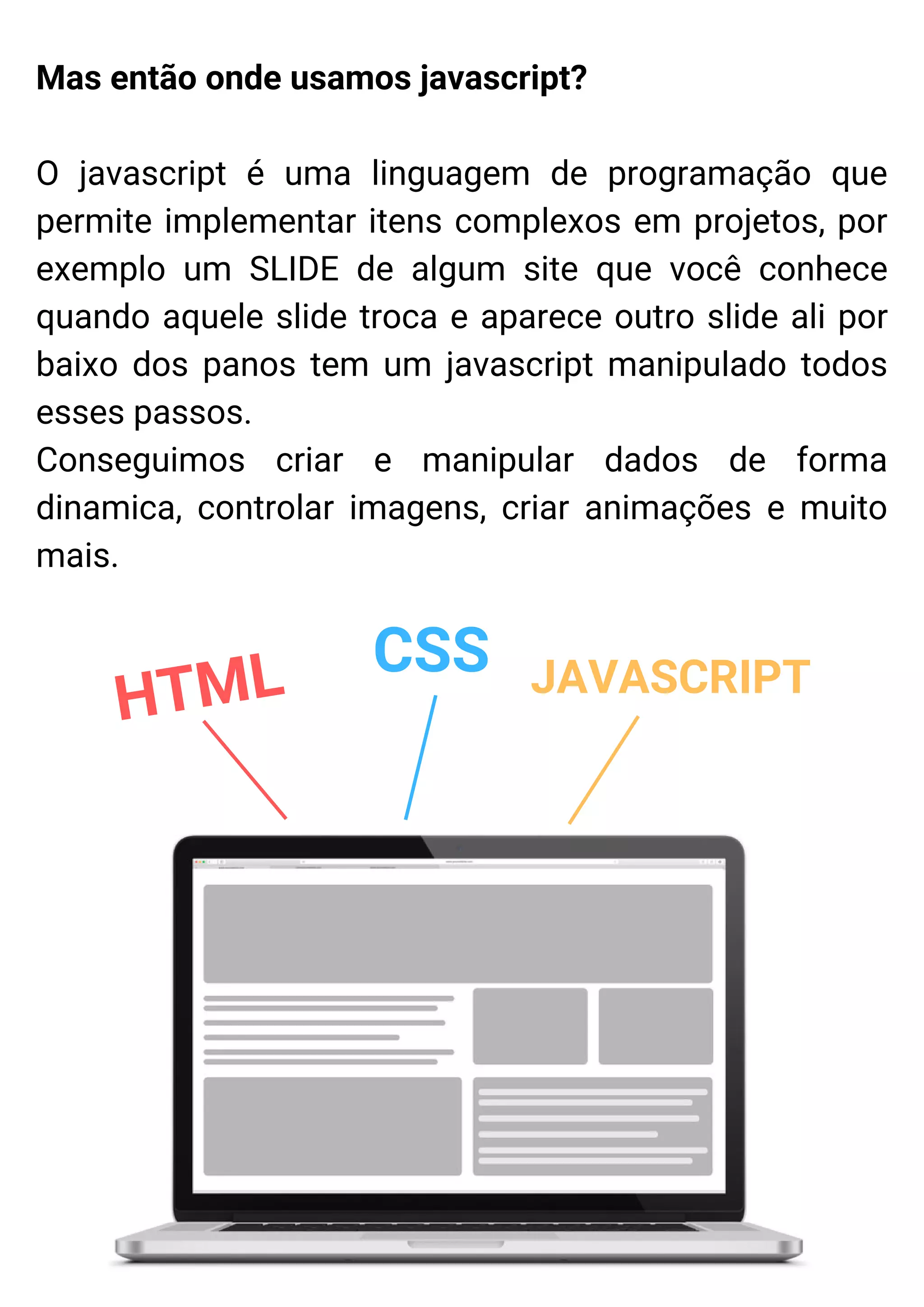 Mas então onde usamos javascript?
O javascript é uma linguagem de programação que
permite implementar itens complexos em projetos, por
exemplo um SLIDE de algum site que você conhece
quando aquele slide troca e aparece outro slide ali por
baixo dos panos tem um javascript manipulado todos
esses passos.
Conseguimos criar e manipular dados de forma
dinamica, controlar imagens, criar animações e muito
mais.
HTML CSS JAVASCRIPT
 