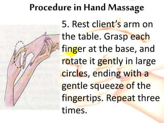 Procedure in Hand Massage
5. Rest client’s arm on
the table. Grasp each
finger at the base, and
rotate it gently in large
circles, ending with a
gentle squeeze of the
fingertips. Repeat three
times.
 