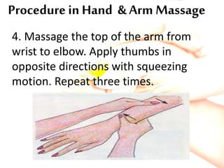 Procedure in Hand & Arm Massage
4. Massage the top of the arm from
wrist to elbow. Apply thumbs in
opposite directions with squeezing
motion. Repeat three times.
 