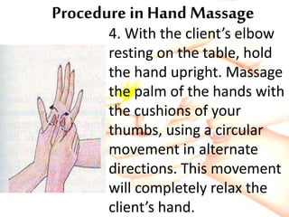 Procedure in Hand Massage
4. With the client’s elbow
resting on the table, hold
the hand upright. Massage
the palm of the hands with
the cushions of your
thumbs, using a circular
movement in alternate
directions. This movement
will completely relax the
client’s hand.
 