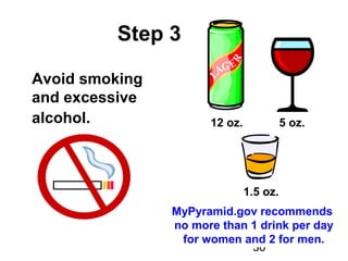 30
Step 3
Avoid smoking
and excessive
alcohol. 12 oz. 5 oz.
1.5 oz.
MyPyramid.gov recommends
no more than 1 drink per day
for women and 2 for men.
 