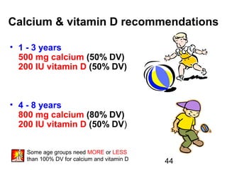 44
Calcium & vitamin D recommendations
• 1 - 3 years
500 mg calcium (50% DV)
200 IU vitamin D (50% DV)
• 4 - 8 years
800 mg calcium (80% DV)
200 IU vitamin D (50% DV)
Some age groups need MORE or LESS
than 100% DV for calcium and vitamin D
 