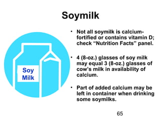 65
Soymilk
• Not all soymilk is calcium-
fortified or contains vitamin D;
check “Nutrition Facts” panel.
• 4 (8-oz.) glasses of soy milk
may equal 3 (8-oz.) glasses of
cow’s milk in availability of
calcium.
• Part of added calcium may be
left in container when drinking
some soymilks.
Soy
Milk
Soy
Milk
 