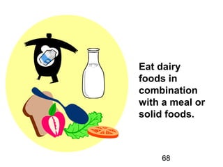 68
Eat dairy
foods in
combination
with a meal or
solid foods.
 