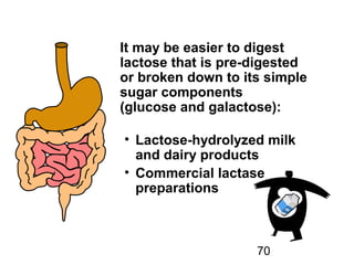 70
It may be easier to digest
lactose that is pre-digested
or broken down to its simple
sugar components
(glucose and galactose):
• Lactose-hydrolyzed milk
and dairy products
• Commercial lactase
preparations
 