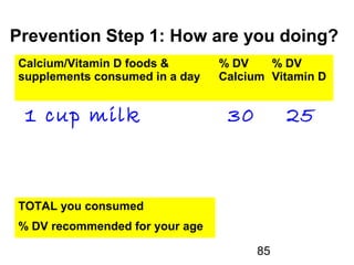 85
Prevention Step 1: How are you doing?
Calcium/Vitamin D foods &
supplements consumed in a day
% DV
Calcium
% DV
Vitamin D
1 cup milk 30 25
TOTAL you consumed
% DV recommended for your age
 