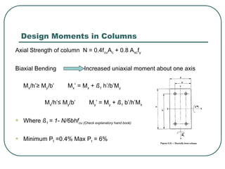 Design Moments in Columns
Axial Strength of column N = 0.4fcuAc + 0.8 Ascfy
Biaxial Bending Increased uniaxial moment about one axis
Mx/h’≥ My/b’ Mx’ = Mx + ß1 h’/b’My
Mx/h’≤ My/b’ My’ = My + ß1 b’/h’Mx
 Where ß1 = 1- N/6bhfcu (Check explanatory hand book)
 Minimum Pt =0.4% Max Pt = 6%
 