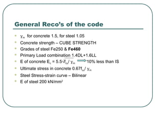 General Reco’s of the code
 m for concrete 1.5, for steel 1.05
 Concrete strength – CUBE STRENGTH
 Grades of steel Fe250 & Fe460
 Primary Load combination 1.4DL+1.6LL
 E of concrete Ec = 5.5√fcu/ m 10% less than IS
 Ultimate stress in concrete 0.67fcu/ m
 Steel Stress-strain curve – Bilinear
 E of steel 200 kN/mm2
 
