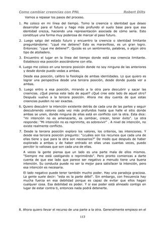 Como cambiar creencias con PNL Robert Dilts
Vamos a repasar los pasos del proceso.
1. Me coloco en mi línea del tiempo. Tomo la creencia o identidad que deseo
desarrollar para el futuro y hago más profundo el suelo base para que esa
identidad crezca, haciendo una representación asociada de cómo sería. Esto
constituye una forma muy poderosa de marcar el paso futuro.
2. Luego salgo del estado futuro y encuentro la creencia o identidad limitante
preguntándome: "¿qué me detiene? Esto es maravilloso, es un gran logro.
Entonces: "¿que me detiene?". Quizás es un sentimiento, palabras, o algún otro
tipo de atolladero.
3. Encuentro el lugar en la línea del tiempo donde está esa creencia limitante.
Establezco esa posición asociándome con ella.
4. Luego me coloco en una tercera posición donde no soy ninguna de las anteriores
y desde donde puedo vedas a ambas.
Desde esa posición, calibro la fisiología de ambas identidades. Lo que quiero es
lograr una perspectiva desde una tercera posición, desde donde pueda ver a
ambas.
5. Luego entro a esa posición, mirando a la otra para descubrir y sacar las
creencias. ¿Qué piensa este lado de aquel? ¿Qué cree este lado de aquel otro?
Después vuelvo a la tercera posición. Ahora me doy cuenta de que estas
creencias pueden no ser exactas.
6. Quiero descubrir la intención existente detrás de cada una de las partes y seguir
descubriendo valores cada vez más profundos hasta que halle el sitio donde
ambas se unen, donde ninguna de ellas está en conflicto con la otra. Esta dice:
"mi intención no es amenazarte, es cambiar, crecer, tener éxito". La otra
responde: "Mi intención no es reprimirte, es sobrevivir" . A nivel de intención, no
existe realmente conflicto.
7. Desde la tercera posición exploro los valores, los criterios, las intenciones. Y
desde esa tercera posición pregunto: "¿cuáles son los recursos que cada una de
ellas tiene y que para la otra son necesarios?" De modo que después de haber
explorado a ambas y de haber entrado en ellas unas cuantas veces, puedo
percibir lo valiosas que son cada una de ellas.
A veces la gente piensa que un lado es una parte mala de ellos mismos.
"Siempre me está castigando o reprimiéndo". Pero pronto comienzas a darte
cuenta de que ese lado que parece ser negativo a menudo tiene una buena
intención. Su conducta puede no ser la mejor para satisfacer la intención, pero
esa intención es necesaria.
El lado negativo puede tener también mucho poder. Hay una paradoja graciosa.
La gente suele decir: "esta es la parte débil". Sin embargo, con frecuencia hay
mucha fuerza en esa debilidad porque es capaz de evitar que ellos hagan
cualquier cosa. Esa debilidad es poder. Y si ese poder está alineado contigo en
lugar de estar contra ti, entonces nada podrá detenerte.
8. Ahora quiero llevar el recurso de una parte a la otra. Generalmente empiezo en el
113
 