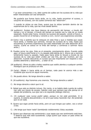 Como cambiar creencias con PNL Robert Dilts
Y ya sean conscientes o no, date cuenta de cuáles son los sucesos de tu vida que
están relacionados con esa sensación.
Me gustaría que fueras hacia atrás, en tu vida, hasta encontrar el suceso, o
conjunto de sucesos, con los cuales comenzó esa "absorción".
Y cuando te sitúes en esa línea, quiero que te sitúes también dentro de las
experiencias de tu vida, que las vivas desde dentro.
(Al auditorio): Existen dos tipos básicos de percepción del tiempo: a través del
tiempo y en el tiempo. A través del tiempo es cuando ves tu vida de un modo
separado. Puedo estar fuera, mirando los sucesos del pasado, viendo el futuro, o
puedo moverme en el tiempo y volverlo a vivir, revivir una experiencia concreta.
(A Carla:) Voy a pedirte que te coloques en esta línea y que a medida que vayas
hacia atrás, a medida que caminas, revivas los sucesos de tu vida, hasta que
encuentres la primera experiencia que esté relacionada con esta absorción de ti
misma. (Carla se coloca en la línea del tiempo y comienza a caminar hacia
atrás.)
R: Puedes cerrar los ojos. Este es el presente, precisamente ahora. Cuando estás
aquí, el futuro está frente a ti y tu pasado está detrás de ti. Ahora vas a caminar
lentamente hacia tu pasado. Cada paso hacia atrás te llevará a través de los
sucesos de tu vida que están unidos por ese hilo, por ese revólver, por esa
absorción. Cuando descubras un suceso que sea importante con respecto a eso,
puedes detenerte y observarlo... y estar en él.
(Al auditorio): Ahora os pido a todos vosotros que estéis atentos a cualquier cambio
fisiológico que se produzca en ella.
(A Carla): Déjate ir hacia atrás en el tiempo, cada paso te acerca más a ese
incidente que ocurrió en aquel momento.
C.: No puedo ahora. No tengo derecho a saber.
R: (Al auditorio): Aquí tenemos una creencia. "No tengo derecho a saber".
C.: No tengo derecho a decir que lo sé.
R: Notad que esto es distinto incluso. Por cierto, si os habéis dado cuenta de cuáles
han sido sus claves de acceso, habréis visto que siempre que ella piensa en el
estado del problema, sus ojos van a la izquierda (diálogo interno).
C.: En cualquier caso nunca podré saber, porque no me está permitido. Si lo
supiera, lo estaría descubriendo y no sé lo que estoy haciendo mal. Así pretendo
que no sé nada.
R: Quiero que sigas yendo hacia atrás, pero sin que tengas que saber, vas a volver
a eso.
C.: ¿No tengo que hacer nada? (temblando visiblemente) Estoy asustada.
R: Quiero que observes ese sentimiento y que sepas que ese sentimiento está bien.
Y observa qué más está sucediendo. Luego quiero que vayas un paso antes de
que eso sucediera.
56
 