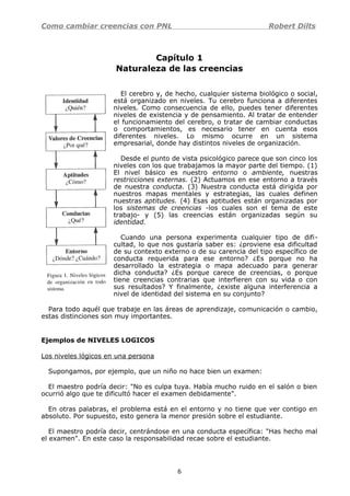 Como cambiar creencias con PNL Robert Dilts
Capítulo 1
Naturaleza de las creencias
El cerebro y, de hecho, cualquier sistema biológico o social,
está organizado en niveles. Tu cerebro funciona a diferentes
niveles. Como consecuencia de ello, puedes tener diferentes
niveles de existencia y de pensamiento. Al tratar de entender
el funcionamiento del cerebro, o tratar de cambiar conductas
o comportamientos, es necesario tener en cuenta esos
diferentes niveles. Lo mismo ocurre en un sistema
empresarial, donde hay distintos niveles de organización.
Desde el punto de vista psicológico parece que son cinco los
niveles con los que trabajamos la mayor parte del tiempo. (1)
El nivel básico es nuestro entorno o ambiente, nuestras
restricciones externas. (2) Actuamos en ese entorno a través
de nuestra conducta. (3) Nuestra conducta está dirigida por
nuestros mapas mentales y estrategias, las cuales definen
nuestras aptitudes. (4) Esas aptitudes están organizadas por
los sistemas de creencias -los cuales son el tema de este
trabajo- y (5) las creencias están organizadas según su
identidad.
Cuando una persona experimenta cualquier tipo de difi-
cultad, lo que nos gustaría saber es: ¿proviene esa dificultad
de su contexto externo o de su carencia del tipo específico de
conducta requerida para ese entorno? ¿Es porque no ha
desarrollado la estrategia o mapa adecuado para generar
dicha conducta? ¿Es porque carece de creencias, o porque
tiene creencias contrarias que interfieren con su vida o con
sus resultados? Y finalmente, ¿existe alguna interferencia a
nivel de identidad del sistema en su conjunto?
Para todo aquél que trabaje en las áreas de aprendizaje, comunicación o cambio,
estas distinciones son muy importantes.
Ejemplos de NIVELES LOGICOS
Los niveles lógicos en una persona
Supongamos, por ejemplo, que un niño no hace bien un examen:
El maestro podría decir: "No es culpa tuya. Había mucho ruido en el salón o bien
ocurrió algo que te dificultó hacer el examen debidamente".
En otras palabras, el problema está en el entorno y no tiene que ver contigo en
absoluto. Por supuesto, esto genera la menor presión sobre el estudiante.
El maestro podría decir, centrándose en una conducta específica: "Has hecho mal
el examen". En este caso la responsabilidad recae sobre el estudiante.
6
 