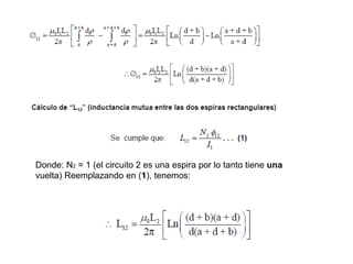Donde: N2 = 1 (el circuito 2 es una espira por lo tanto tiene una
vuelta) Reemplazando en (1), tenemos:
 