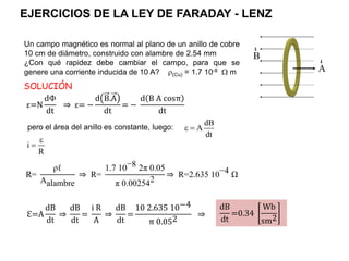 Un campo magnético es normal al plano de un anillo de cobre
10 cm de diámetro, construido con alambre de 2.54 mm
¿Con qué rapidez debe cambiar el campo, para que se
genere una corriente inducida de 10 A? (Cu) = 1.7 10-8  m
pero el área del anillo es constante, luego:
dB
A
dt
 
i
R


B
r
A
r
SOLUCIÓN
EJERCICIOS DE LA LEY DE FARADAY - LENZ
ε=N
dΦ
dt
⇒ ε= −
d B.A
dt
= −
d B A cosπ
dt
R=
ρℓ
Aalambre
⇒ R=
1.7 10−8 2π 0.05
π 0.002542
⇒ R=2.635 10−4 Ω
ℇ=A
dB
dt
⇒
dB
dt
=
i R
A
⇒
dB
dt
=
10 2.635 10−4
π 0.052
⇒
dB
dt
=0.34
Wb
sm2
 