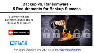 Is your current data
protection solution able to
stand up to an attack?
Backup vs. Ransomware -
5 Requirements for Backup Success
For audio playback and Q&A go to: bit.ly/BackupvRansom
 