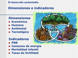 El desarrollo sustentable
Dimensiones e indicadores
Dimensiones
 Económica
 Humana
 Ambiental
 Tecnológica
Indicadores
 PNB
 Consumo de energía
 Mortalidad infantil
 Tasas de fertilidad
 