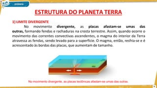 1) LIMITE DIVERGENTE
No movimento divergente, as placas afastam-se umas das
outras, formando fendas e rachaduras na crosta terrestre. Assim, quando ocorre o
movimento das correntes convectivas ascendentes, o magma do interior da Terra
atravessa as fendas, sendo levado para a superfície. O magma, então, resfria-se e é
acrescentado às bordas das placas, que aumentam de tamanho.
No movimento divergente, as placas tectônicas afastam-se umas das outras.
9
ESTRUTURA DO PLANETA TERRA
 