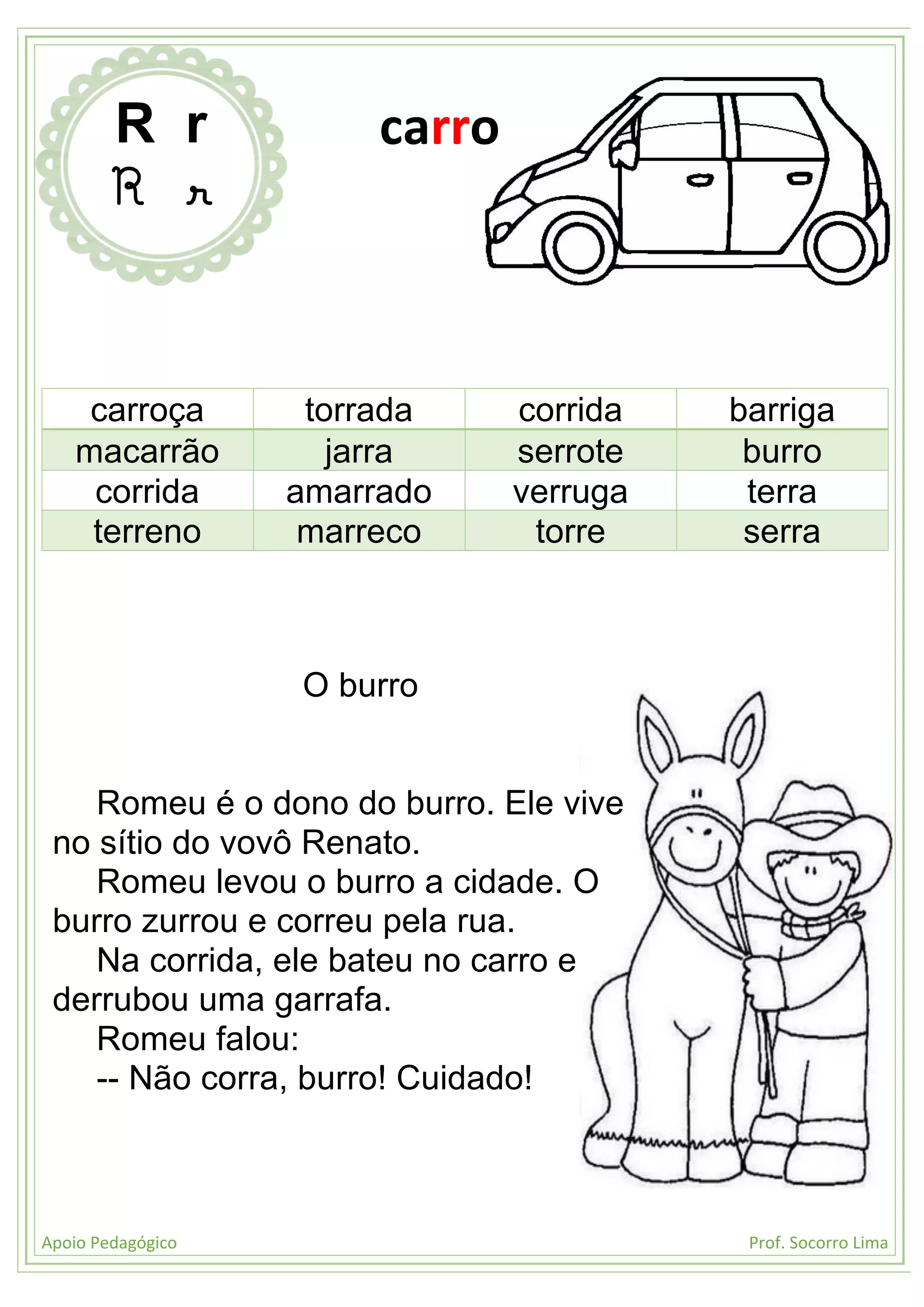 Apoio Pedagógico Prof. Socorro Lima
carroça torrada corrida barriga
macarrão jarra serrote burro
corrida amarrado verruga terra
terreno marreco torre serra
O burro
Romeu é o dono do burro. Ele vive
no sítio do vovô Renato.
Romeu levou o burro a cidade. O
burro zurrou e correu pela rua.
Na corrida, ele bateu no carro e
derrubou uma garrafa.
Romeu falou:
-- Não corra, burro! Cuidado!
R r
R r
carro
 
