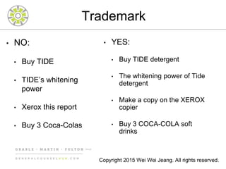 Trademark
• YES:
• Buy TIDE detergent
• The whitening power of Tide
detergent
• Make a copy on the XEROX
copier
• Buy 3 COCA-COLA soft
drinks
• NO:
• Buy TIDE
• TIDE’s whitening
power
• Xerox this report
• Buy 3 Coca-Colas
Copyright 2015 Wei Wei Jeang. All rights reserved.
 
