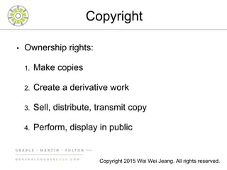 Copyright
• Ownership rights:
1. Make copies
2. Create a derivative work
3. Sell, distribute, transmit copy
4. Perform, display in public
Copyright 2015 Wei Wei Jeang. All rights reserved.
 